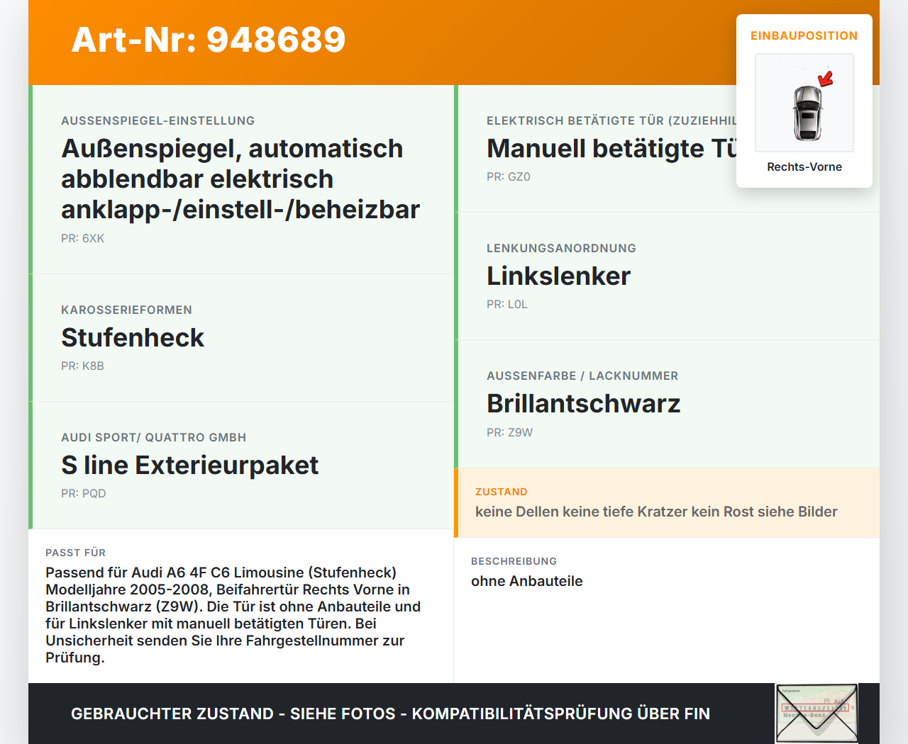 Audi A6 4F C6 05-08 Lim Tür Beifahrertür Rechts Vorne Schwarz Audi A6 4F C6 05-08 11.01.2005 4F0831052F gebraucht Vorschau 3