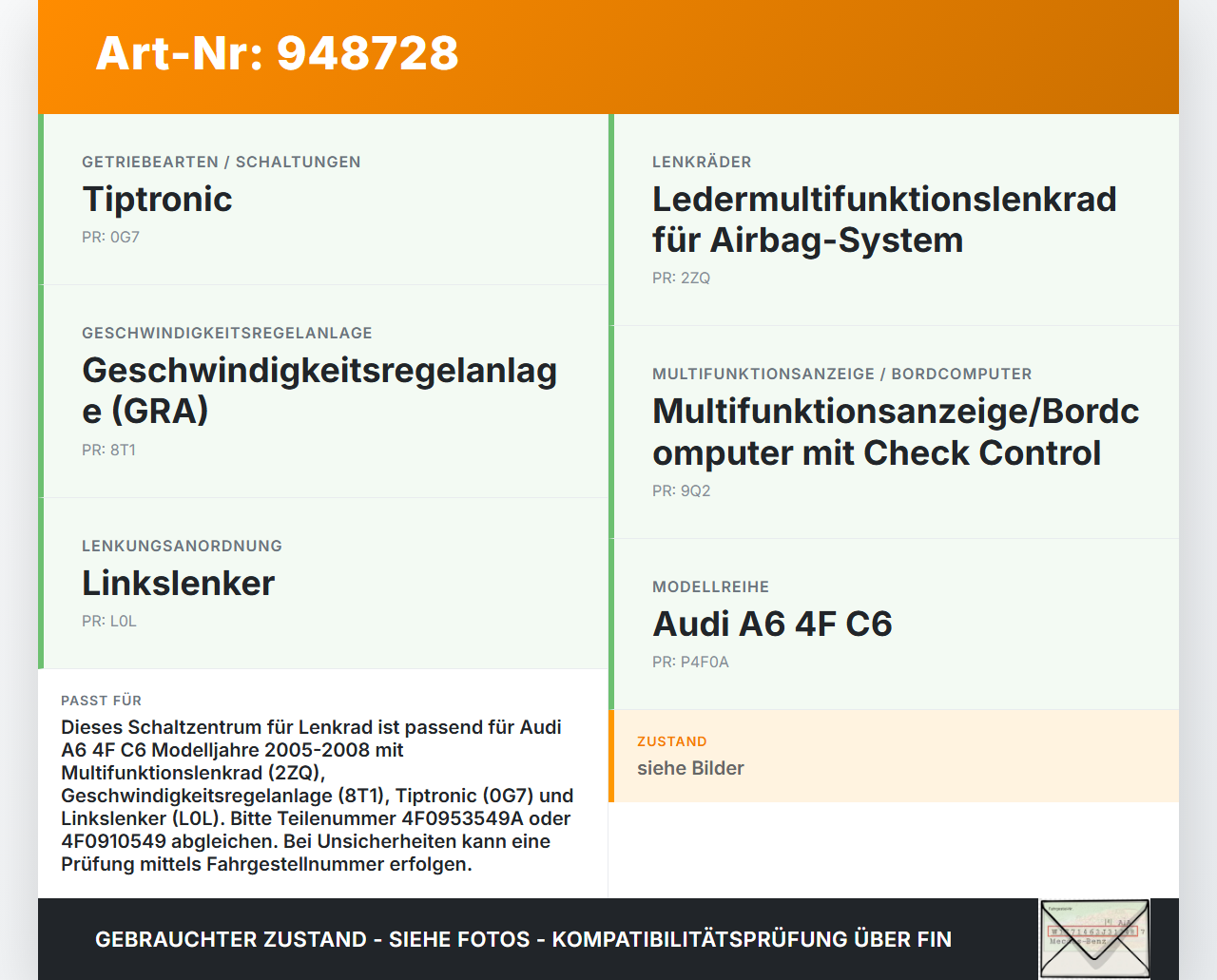 Audi A6 4F C6 05-08 Schaltzentrum für Lenkrad Audi A6 4F C6 05-08 11.01.2005 4F0953549B 4F0953549A 4F0910549 gebraucht Vorschau 3