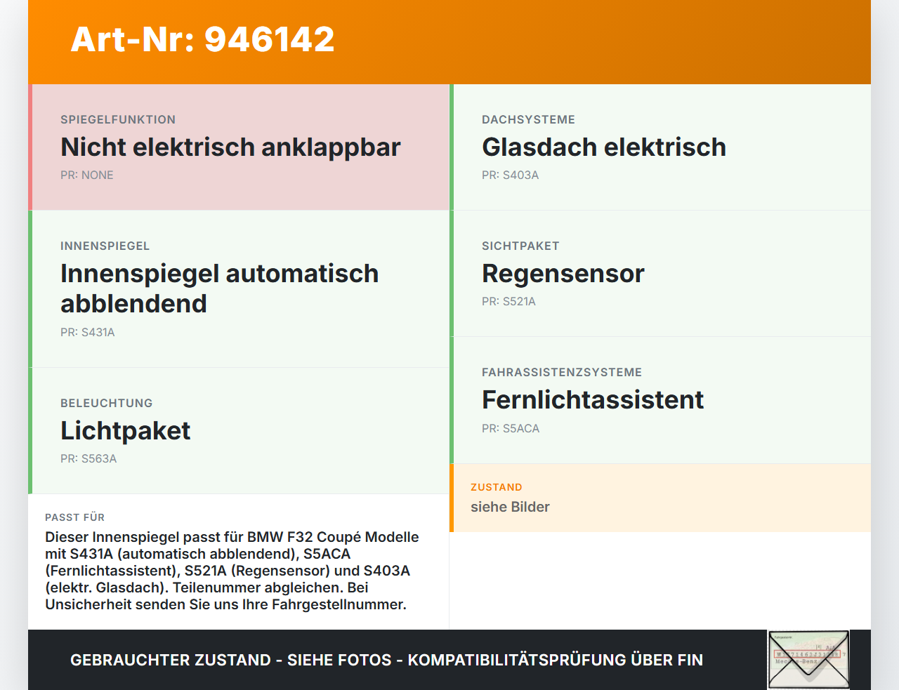 BMW F32 420d 13-17 Innenspiegel Rückspiegel Spiegel Innen BMW F32 420d 13-17 29.04.2014 2471107 51162471107... Vorschau 3