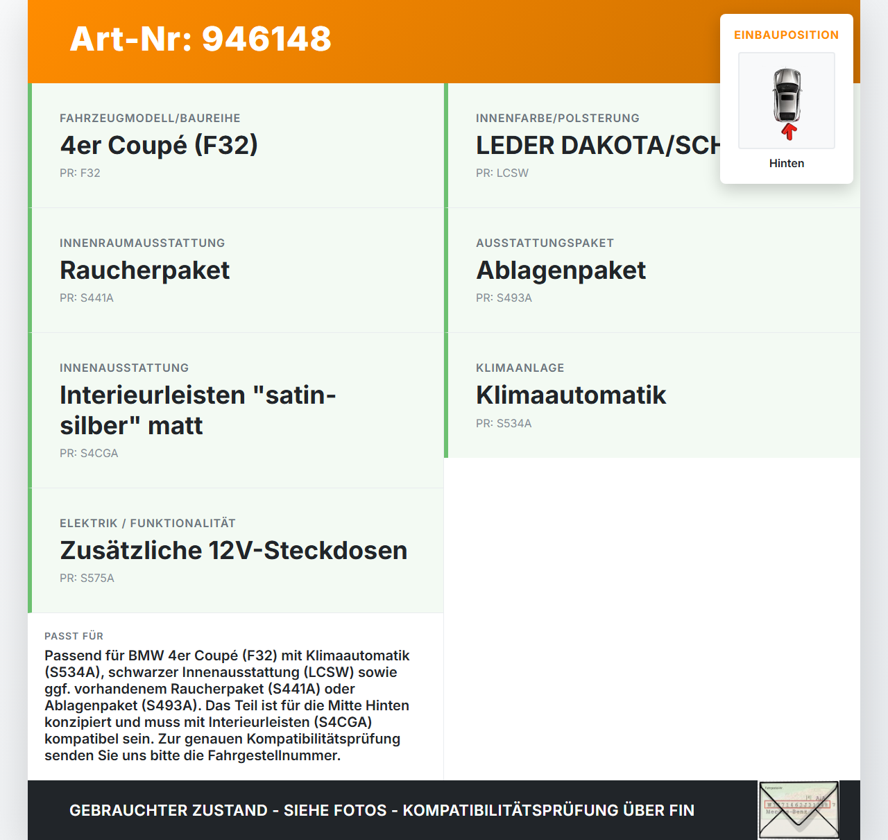 BMW F32 420d 13-17 Luftdusche Luftdüse Mitte Hinten BMW F32 420d 13-17 29.04.2014 9333675 64229333675 gebraucht Vorschau 3