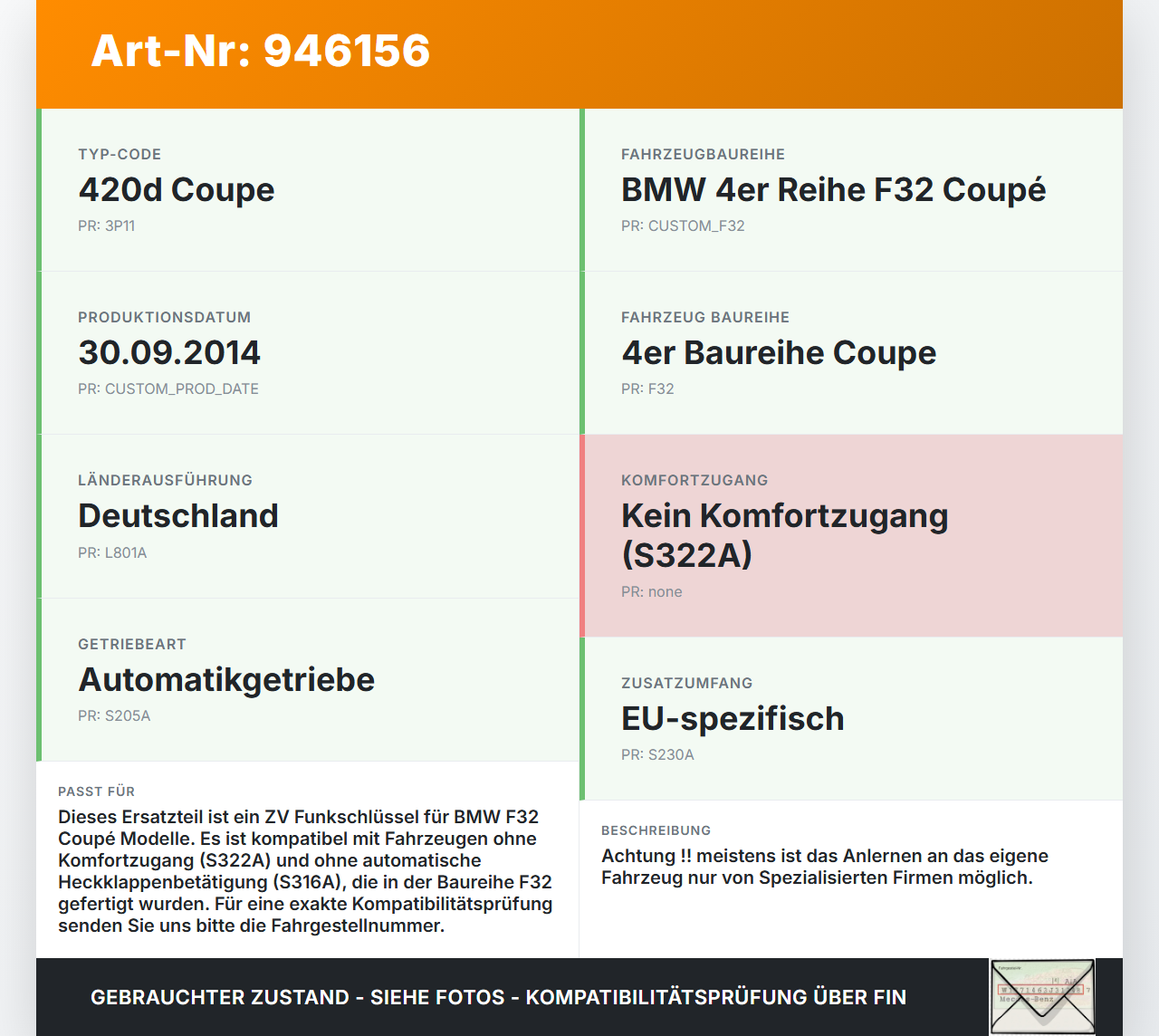 BMW F32 420d 13-17 Coupe ZV Schlüssel Funkschlüssel BMW F32 420d 13-17 29.04.2014 6125576 66125A57FB6 gebraucht Vorschau 3