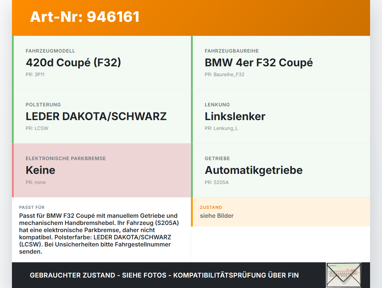 BMW F32 420d 13-17 2,0d 135KW Ledersack Lederhusse für Handbremshebel BMW F32 420d 13-17 29.04.2014 34429235425... Vorschau 3