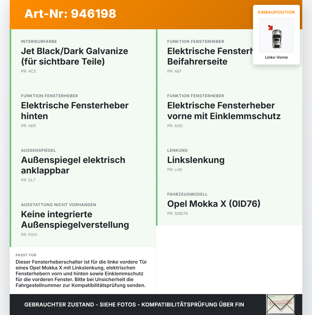 Opel Mokka X 12-19 Fensterheberschalter Schalter Links Vorne Opel Mokka X 12-19 01.03.2013 13305011 gebraucht Vorschau 3