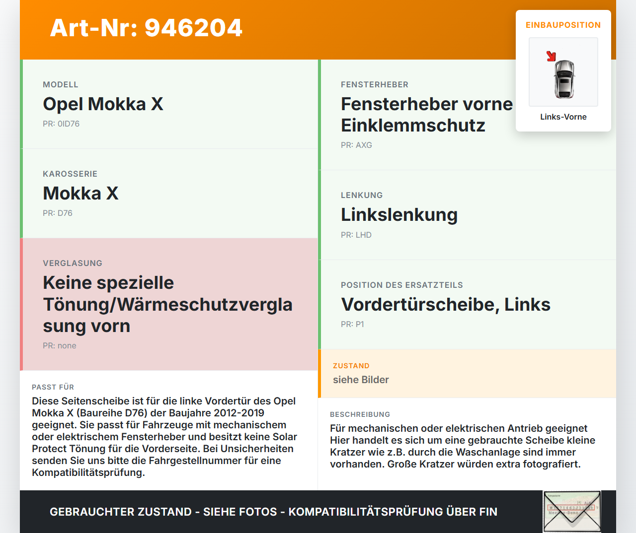 Opel Mokka X 12-19 Seitenscheibe LVK Fenster Türscheibe Links Vorne Opel Mokka X 12-19 01.03.2013 25993405 5161331... Vorschau 3