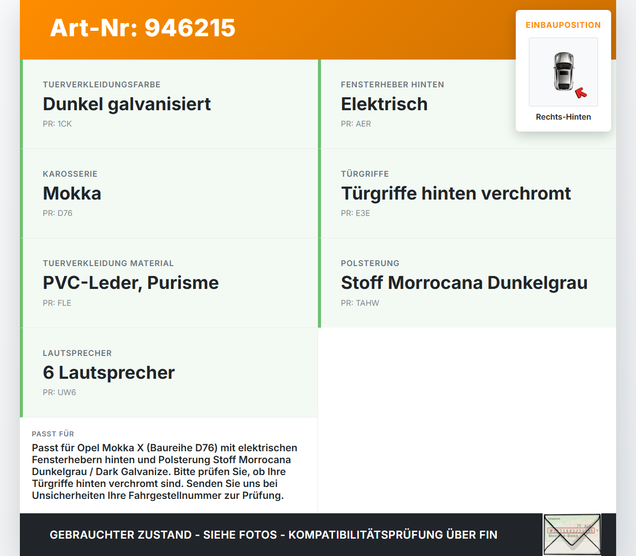 Opel Mokka X 12-19 Türverkleidung Türpappe Rechts Hinten Opel Mokka X 12-19 01.03.2013 95129490 2230382 gebraucht Vorschau 3