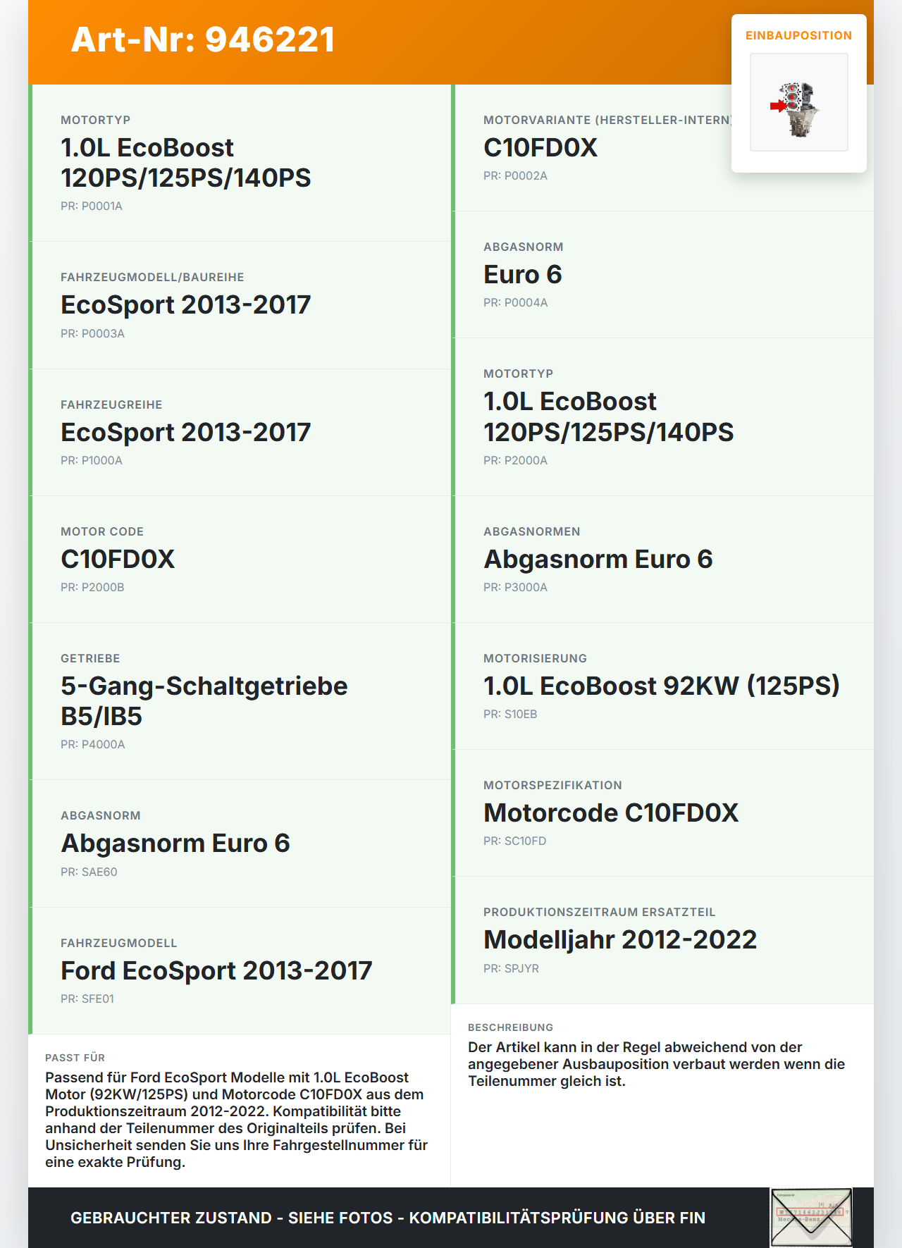 Ford EcoSport 12-22 1,0 92KW C10FD0X Kolben mit Pleuel Pos A Ford EcoSport 12-22 19.11.2015 gebraucht Vorschau 3