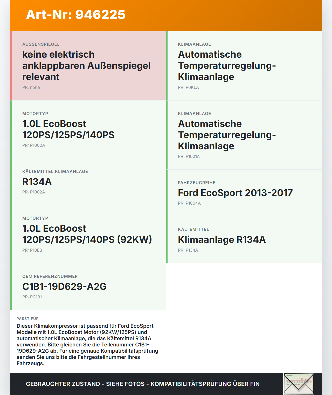 Ford EcoSport 12-22 1,0 92KW Klimakompressor Klima Kompressor Ford EcoSport 12-22 19.11.2015 C1B1-19D629-A2H... Vorschau 3