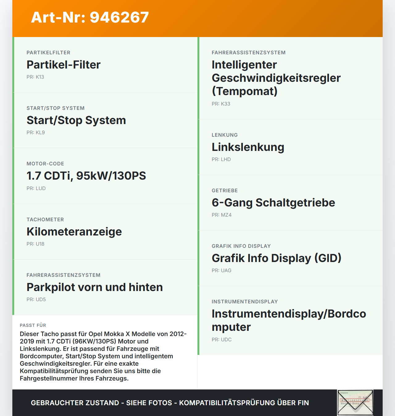 Opel Mokka X 12-19 CDTi 1,7 96KW Kombiinstrument Tacho Opel Mokka X 12-19 01.03.2013 95136701 gebraucht Vorschau 3