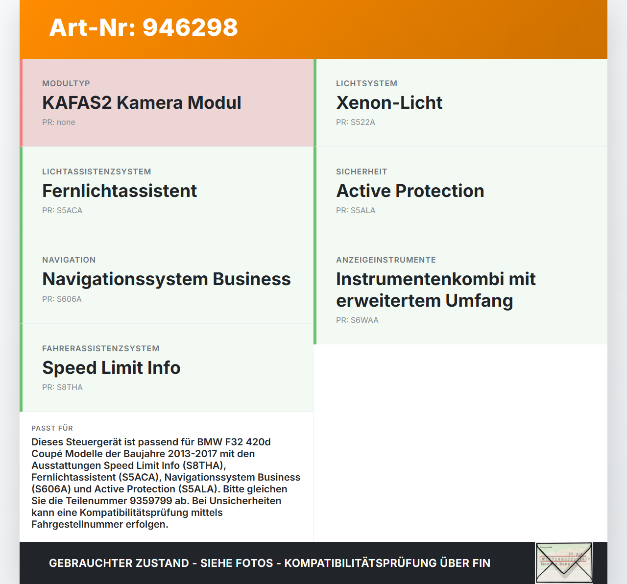 BMW F32 420d 13-17 Steuergerät ECU Modul KAFAS2 für Kamera BMW F32 420d 13-17 29.04.2014 66519359799 9359799... Vorschau 3