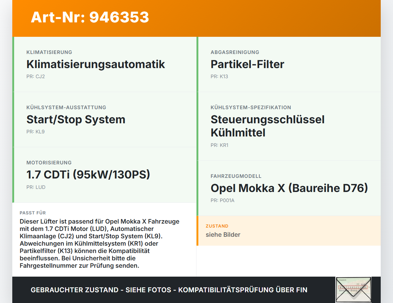 Opel Mokka X 12-19 CDTi 1,7 96KW Lüfter Ventilator f. Kühler Opel Mokka X 12-19 01.03.2013 F00S3D2027 95249753 gebraucht Vorschau 3