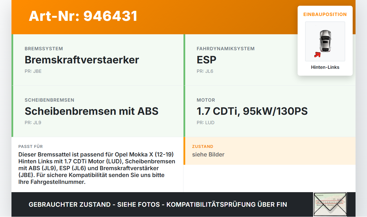 Opel Mokka X 12-19 CDTi 1,7 96KW Bremssattel Bremszange Hinten Links Opel Mokka X 12-19 01.03.2013 gebraucht Vorschau 3
