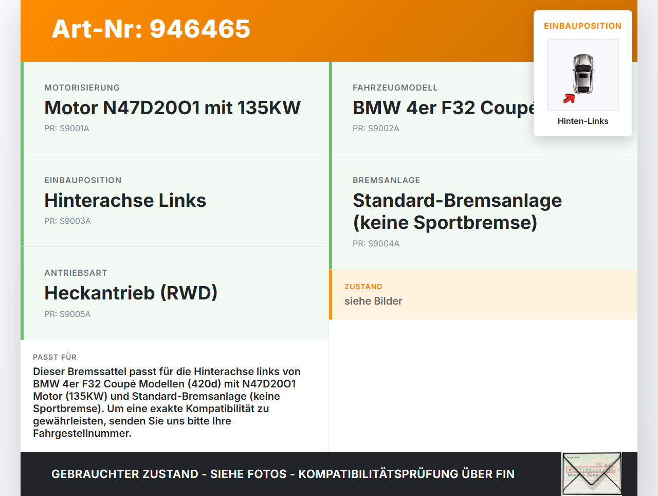 BMW F32 420d 13-17 2,0d 135KW Bremssattel Bremszange Hinten Links BMW F32 420d 13-17 29.04.2014 3421-6850857... Vorschau 3
