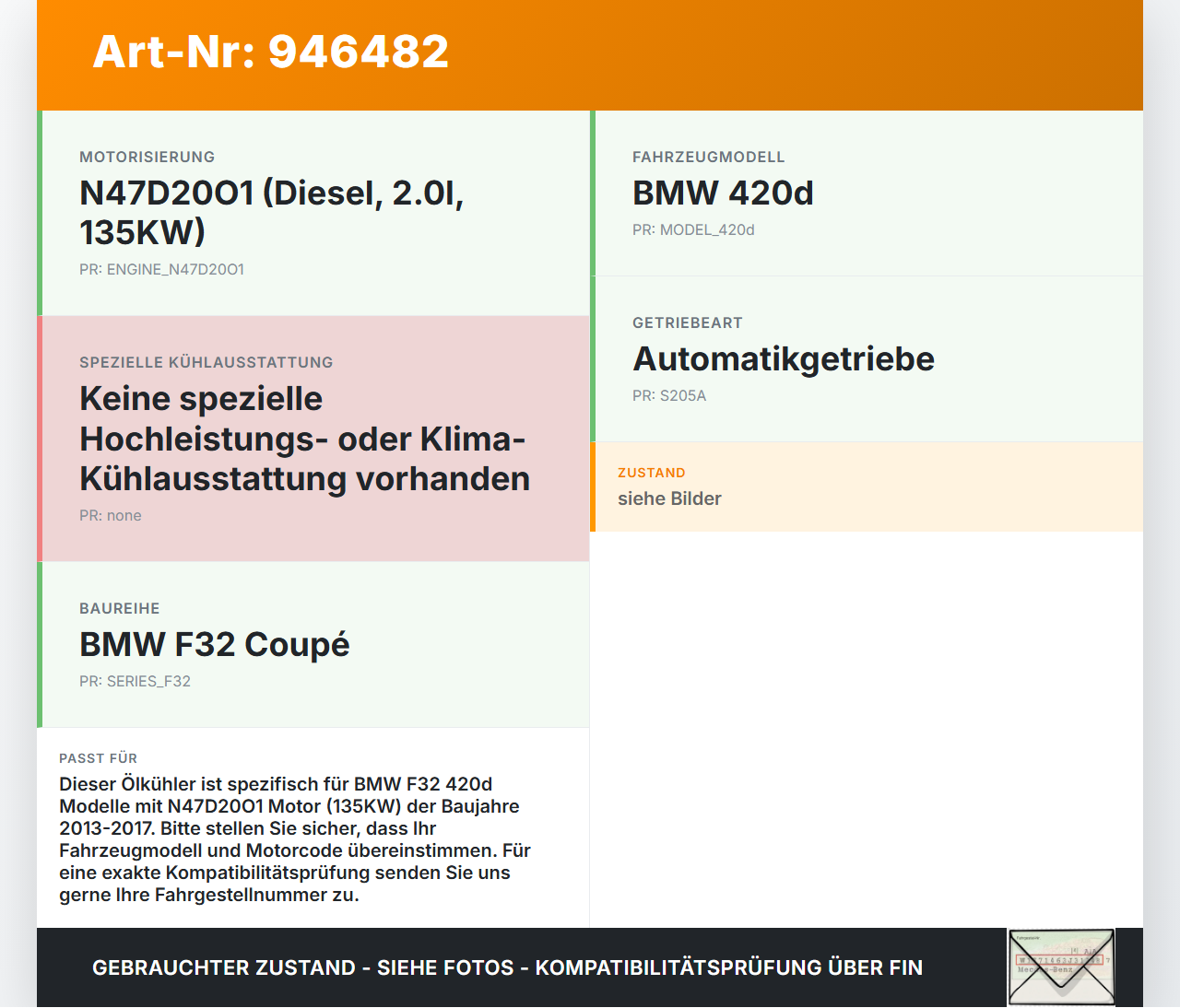 BMW F32 420d 13-17 2,0d 135KW Ölkühler BMW F32 420d 13-17 29.04.2014 11428507627 8507627 70377355 gebraucht Vorschau 3