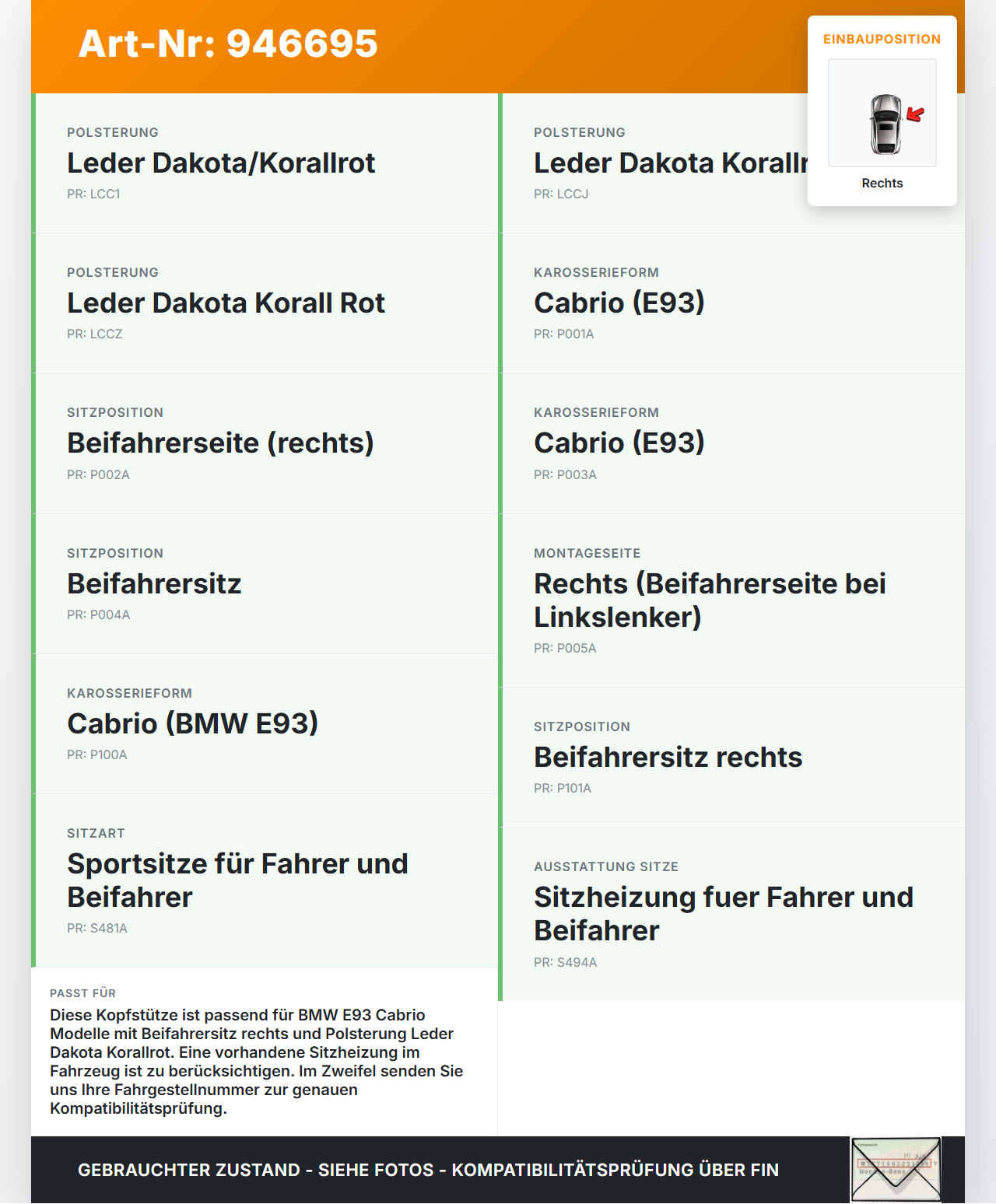 BMW E93 320d 07-13 Cabrio Kopfstütze für Beifahrer Sitz Rechts Dakota Korall Rot BMW E93 320d 07-13 18.03.2009... Vorschau 3