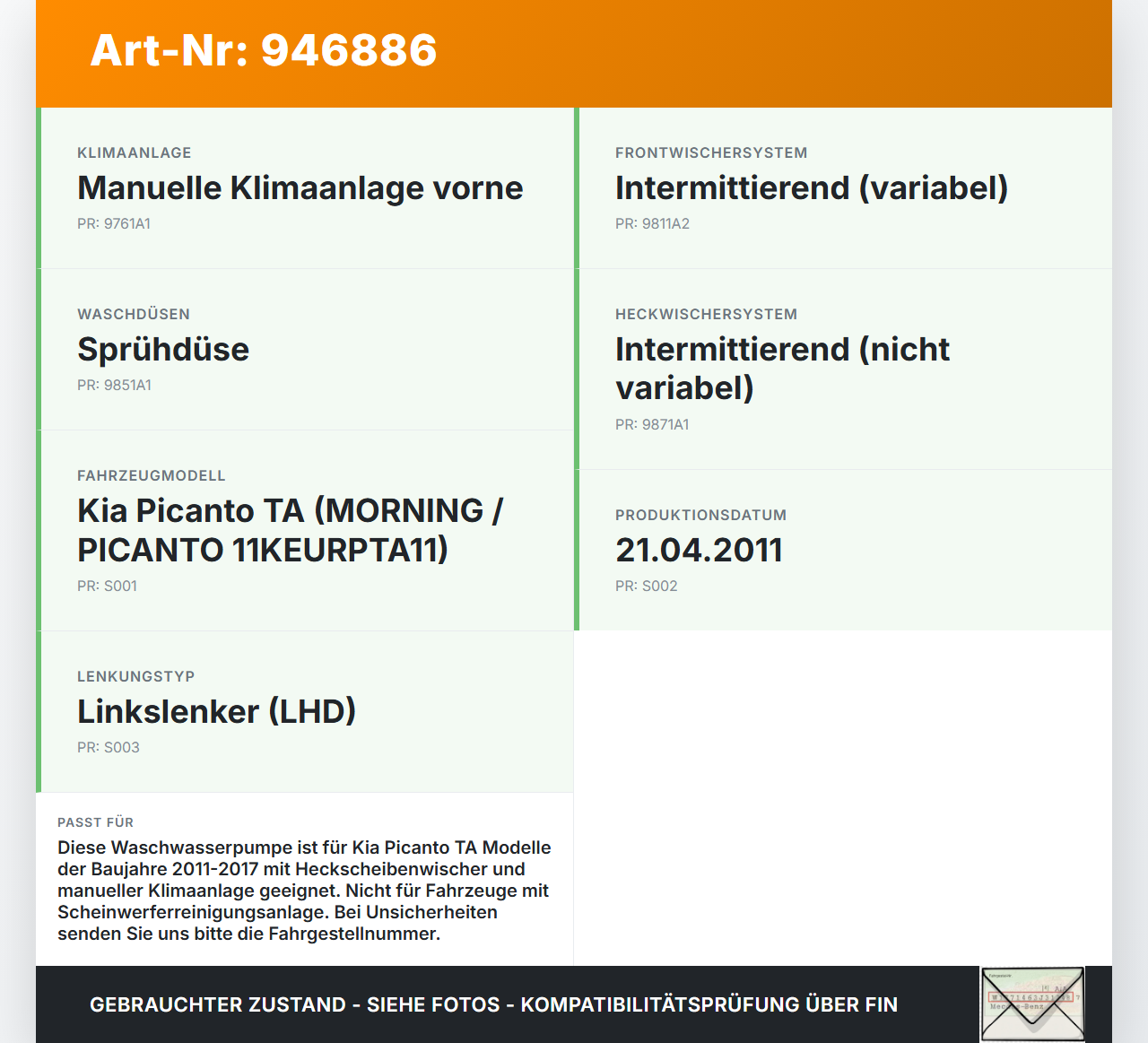 Kia Picanto TA 11-17 Waschwasserpumpe Waschpumpe Kia Picanto TA 11-17 21.04.2011 985102S000 gebraucht Vorschau 3