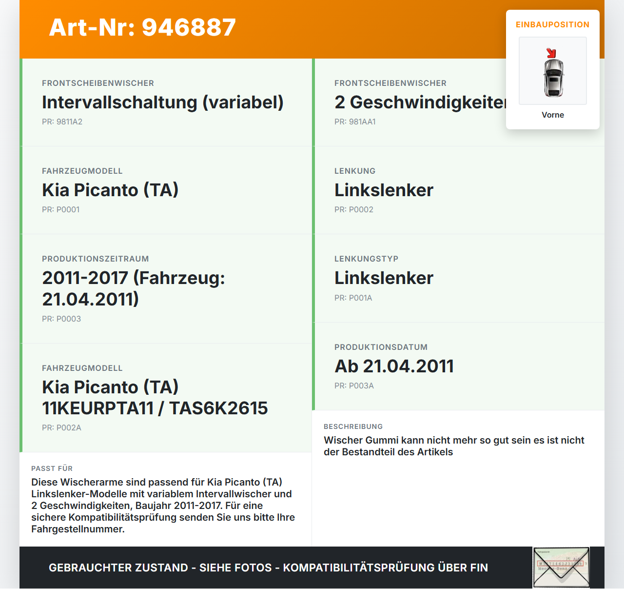 Kia Picanto TA 11-17 2x Scheibenwischer Wischarm Vorne Kia Picanto TA 11-17 21.04.2011 gebraucht Vorschau 3