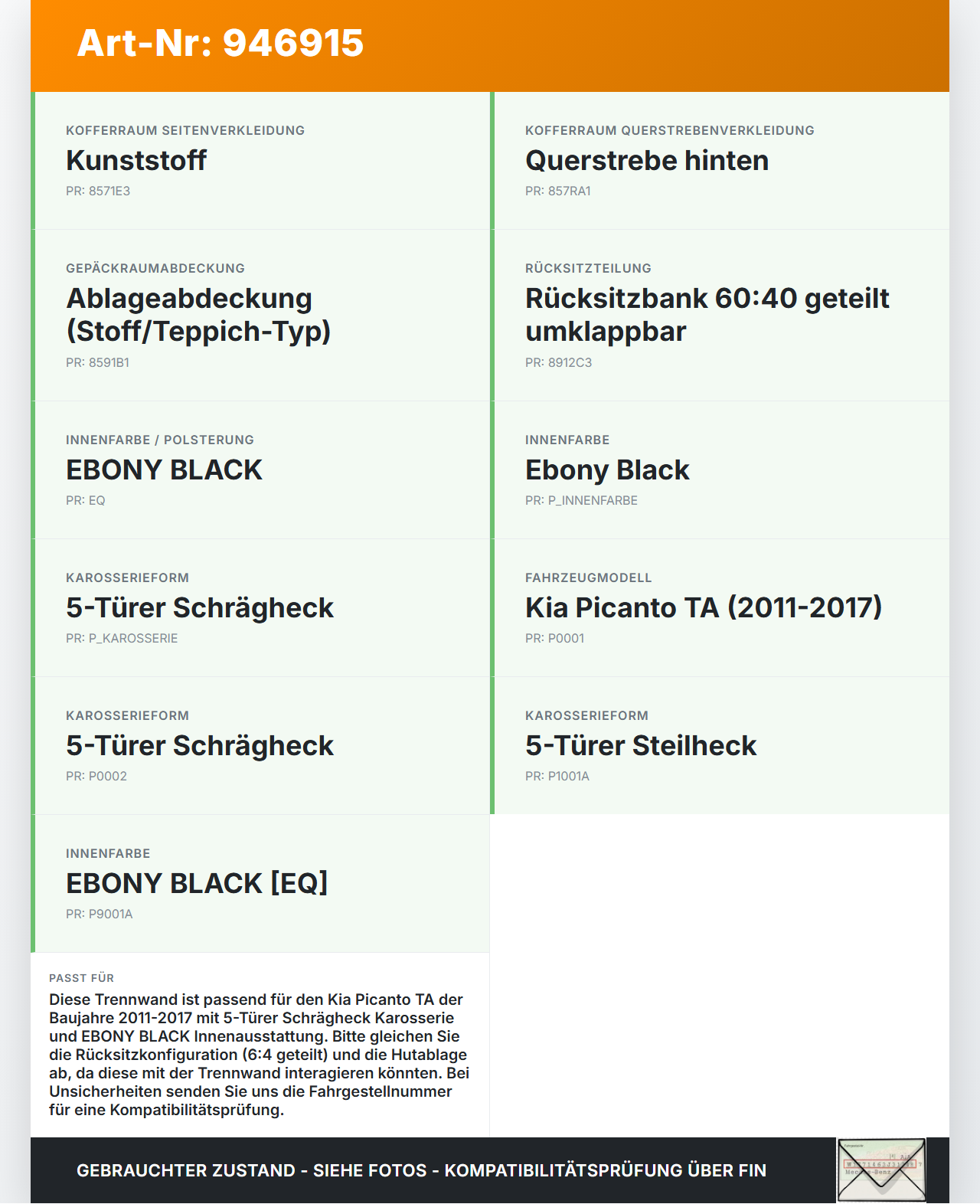 Kia Picanto TA 11-17 Trennwand Abtrennung Laderaumteiler für Verdeckkasten Kia Picanto TA 11-17 21.04.2011 gebraucht Vorschau 3