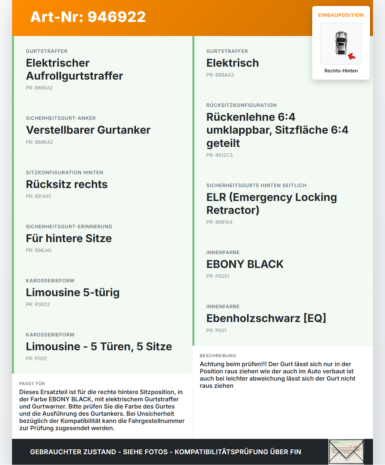 Kia Picanto TA 11-17 Gurt Sicherheitsgurt Rechts Hinten Kia Picanto TA 11-17 21.04.2011 898201Y000EQ 89820-1Y000... Vorschau 3