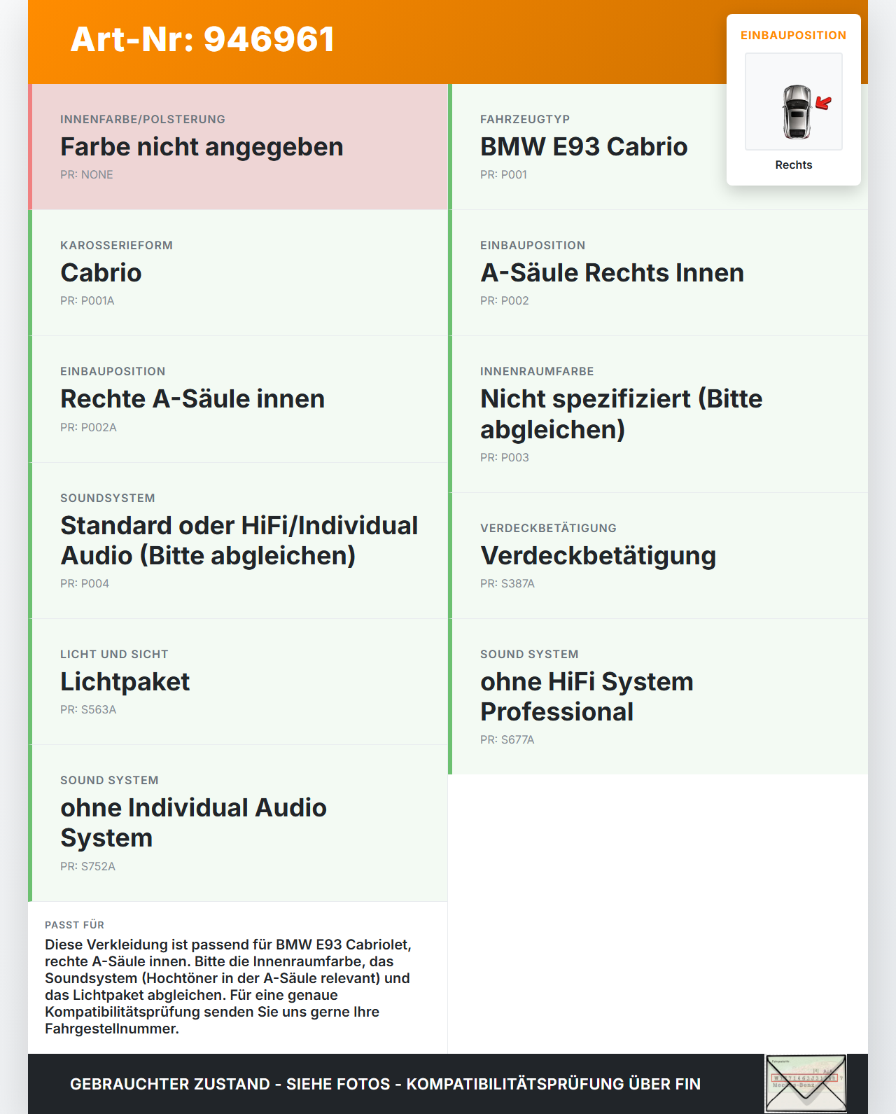 BMW E93 320d 07-13 Cabrio Verkleidung für A-Säule Rechts Innen 475 BMW E93 320d 07-13 18.03.2009 51437129312... Vorschau 3