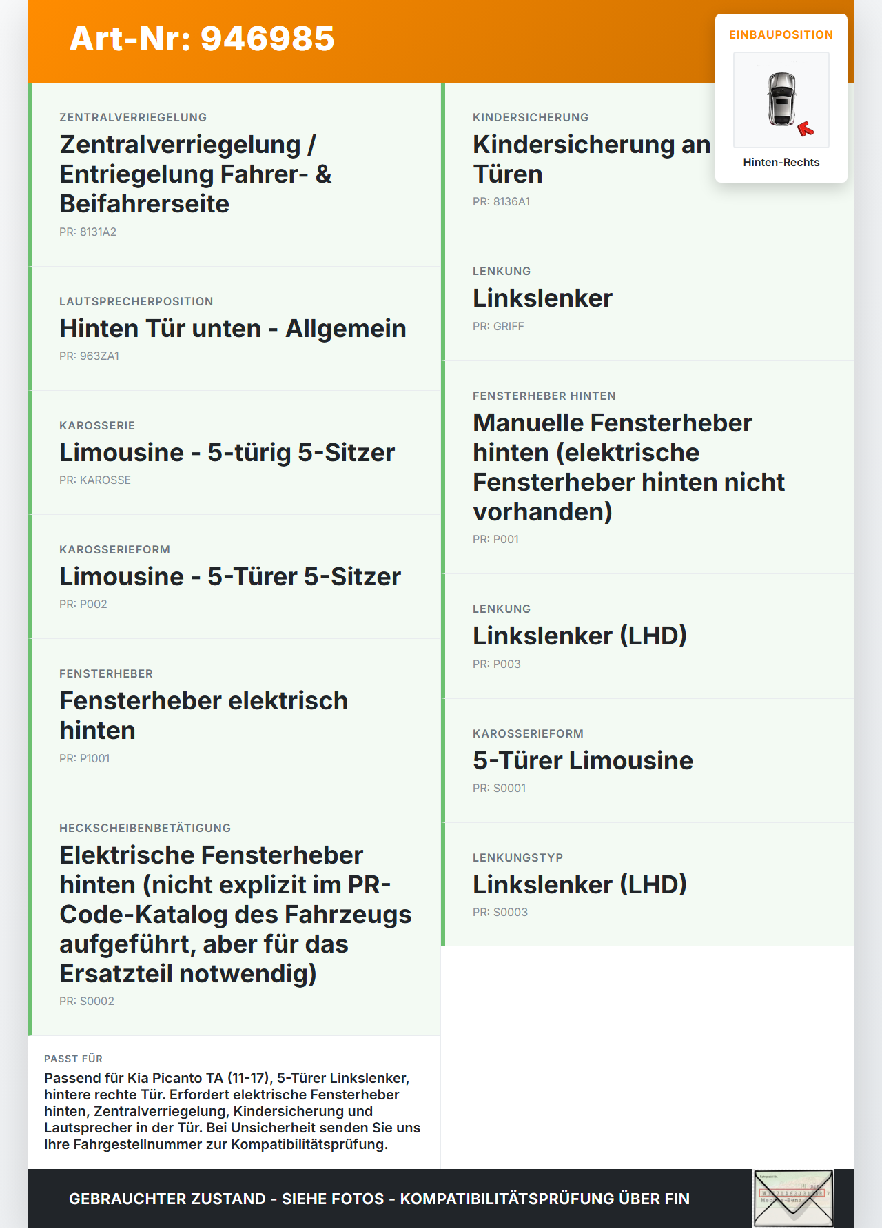 Kia Picanto TA 11-17 Kabelbaum Leitungssatz für Tür und Fensterheber Hinten Rechts Kia Picanto TA 11-17 21.04.2011... Vorschau 3
