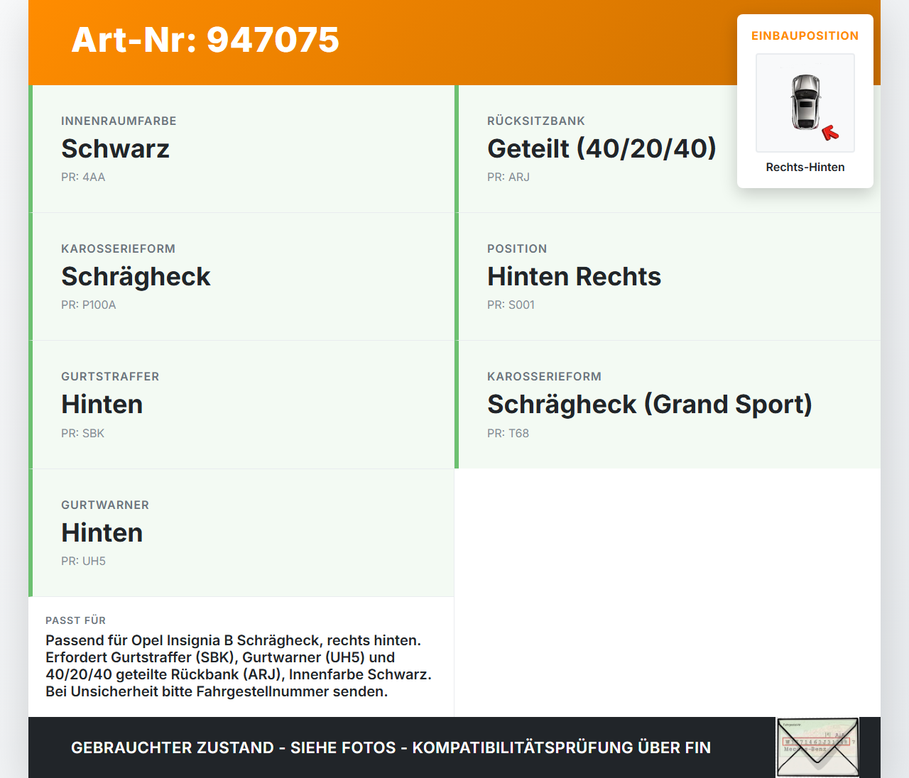Opel Insignia B 17-21 Schrägh Gurtschloss Rechts Hinten Opel Insignia B 17-21 29.10.2021 gebraucht Vorschau 3