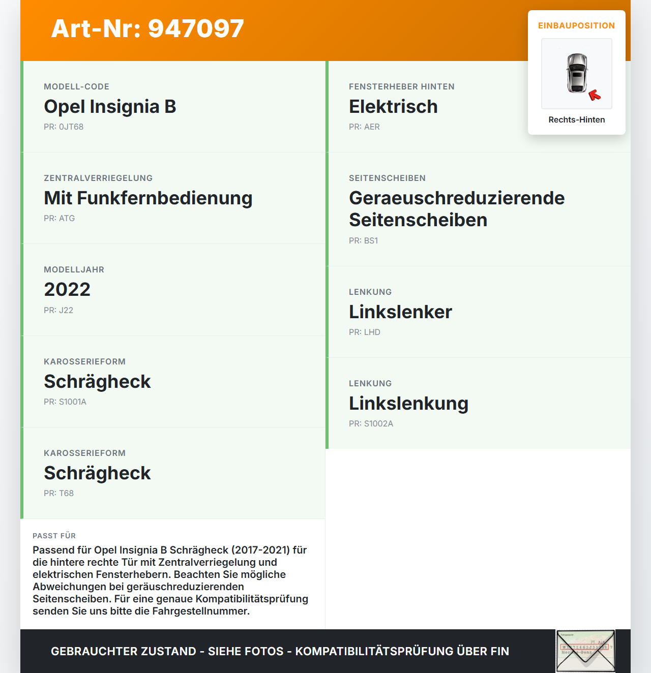 Opel Insignia B 17-21 Schrägh Türschloss m. ZV Stellmotor Rechts Hinten Opel Insignia B 17-21 29.10.2021 13533667... Vorschau 3