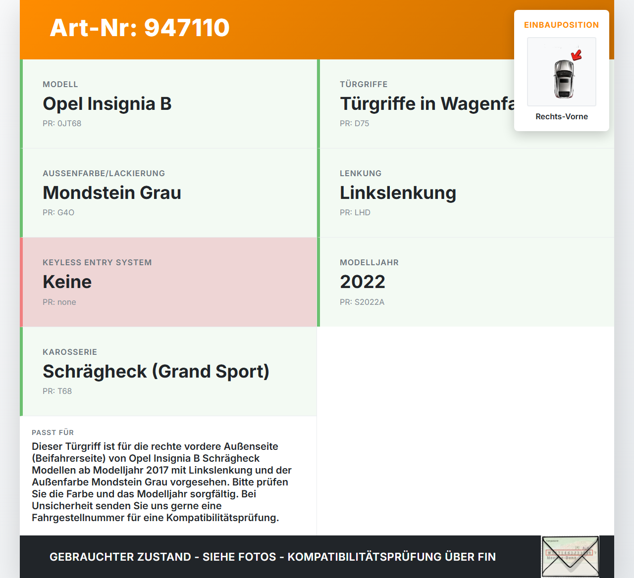 Opel Insignia B 17-21 Schrägh Türgriff Griff aussen Rechts Vorne G4O Opel Insignia B 17-21 29.10.2021 gebraucht Vorschau 3