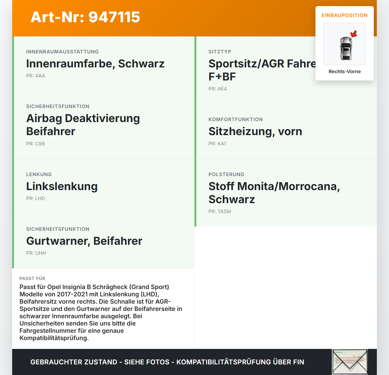 Opel Insignia B 17-21 Schrägh Gurtschloss Beifahrer Rechts Vorne Opel Insignia B 17-21 29.10.2021 gebraucht Vorschau 3