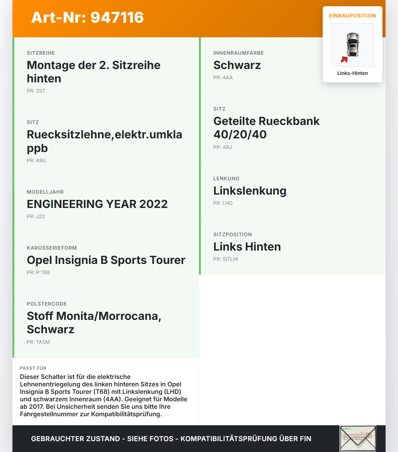 Opel Insignia B 17-21 Schalter Lehnenentriegelung für Sitz Links Hinten Opel Insignia B 17-21 29.10.2021 gebraucht Vorschau 3