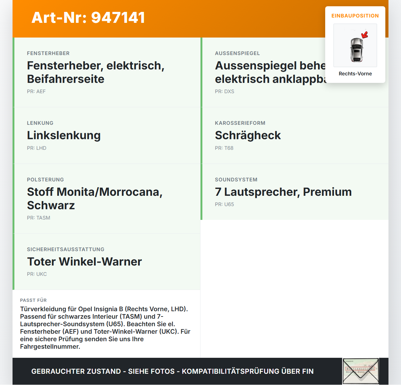 Opel Insignia B 17-21 Schrägh Türverkleidung Türpappe Rechts Vorne Opel Insignia B 17-21 29.10.2021 YR003776YX... Vorschau 3