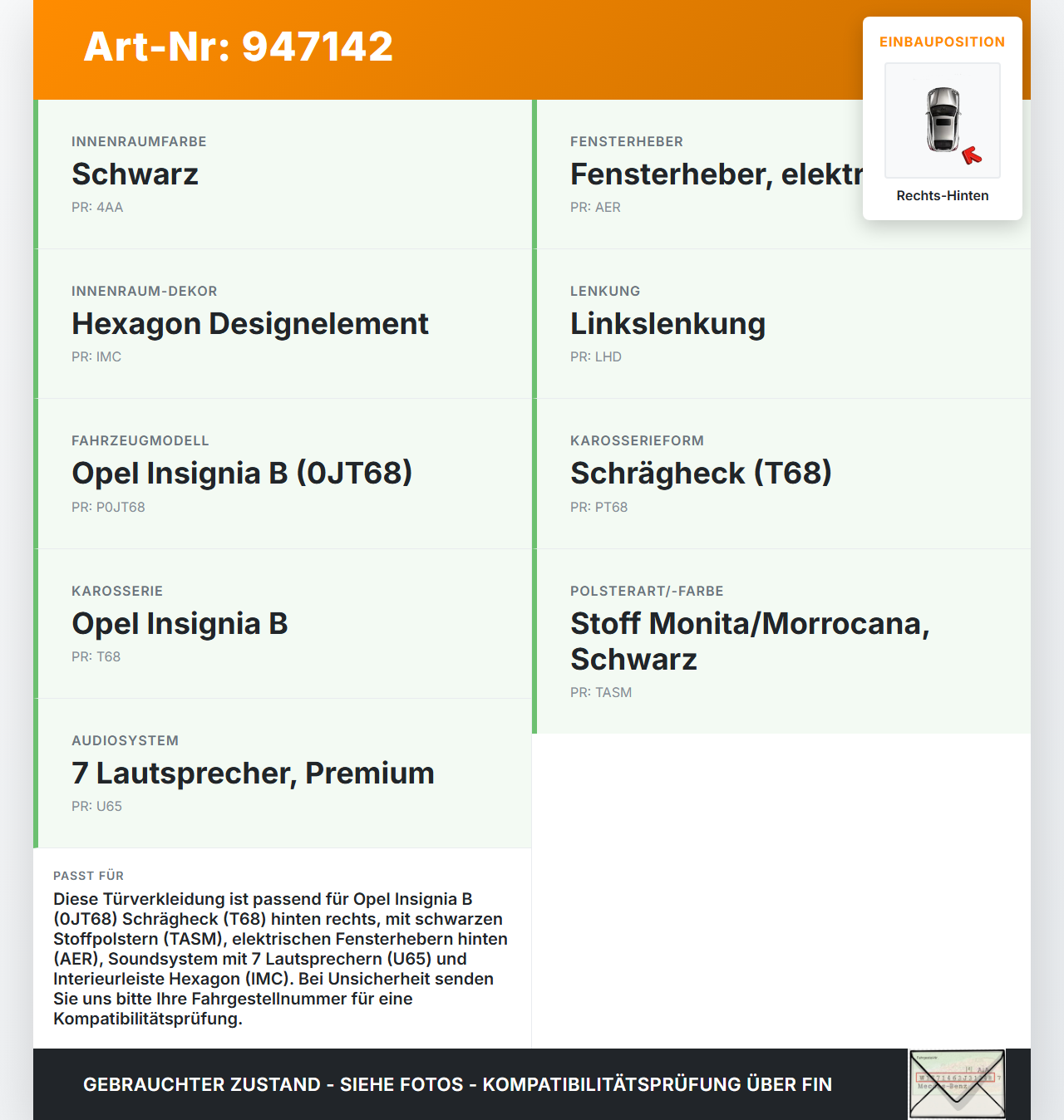 Opel Insignia B 17-21 Schrägh Türverkleidung Türpappe Rechts Hinten Opel Insignia B 17-21 29.10.2021 gebraucht Vorschau 3