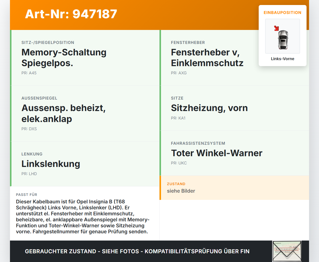 Opel Insignia B 17-21 Schrägh Kabelbaum Tür und Fensterheber Links Vorne Opel Insignia B 17-21 29.10.2021 39226923... Vorschau 3
