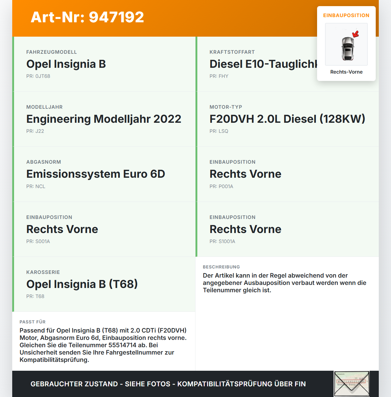 Opel Insignia B 17-21 CDTi 2,0 128KW F20DVH Nox Modul für Lambdasonde Rechts Vorne Opel Insignia B 17-21 29.10.2021... Vorschau 3