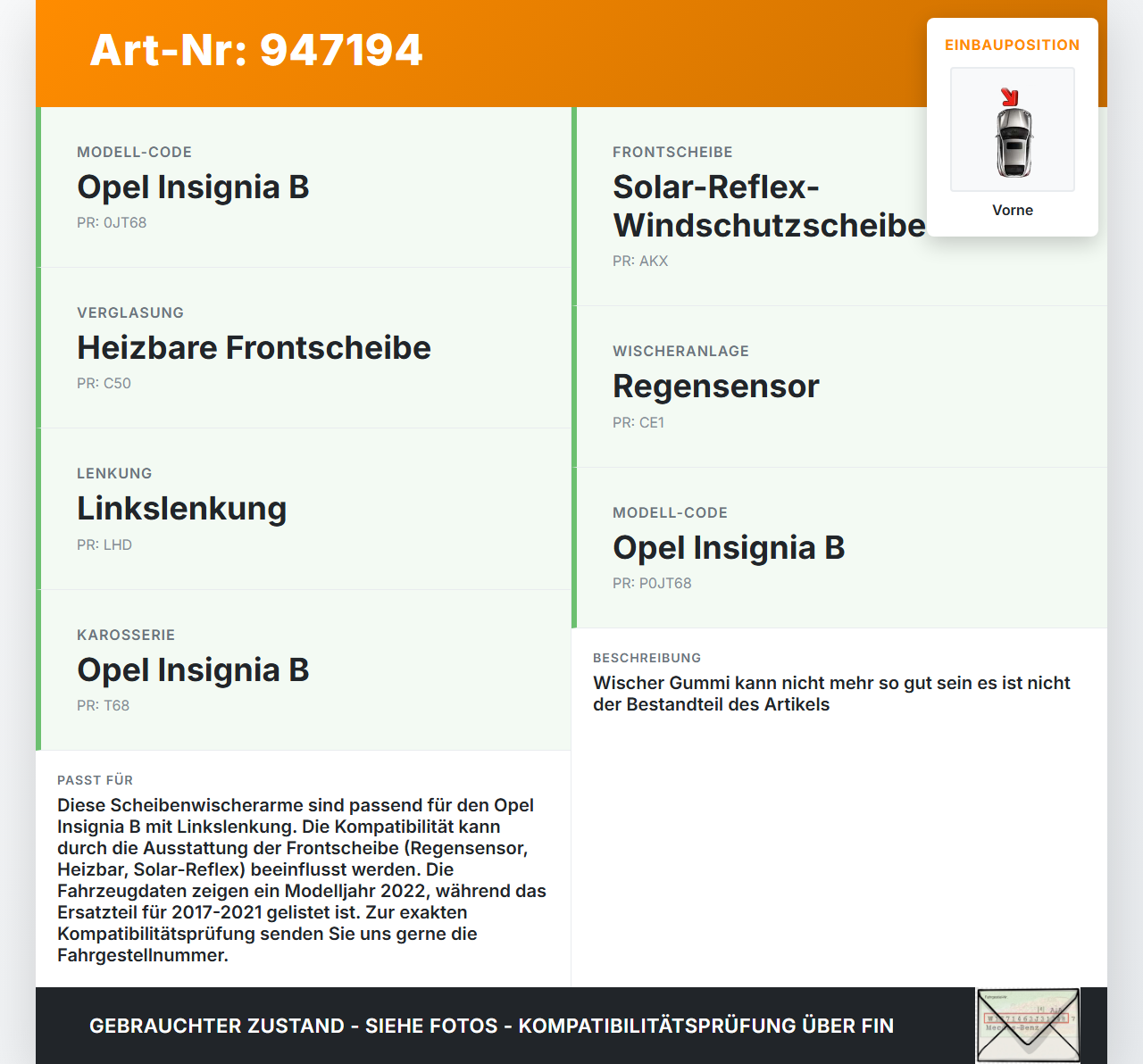 Opel Insignia B 17-21 2x Scheibenwischer Wischarm Vorne Opel Insignia B 17-21 29.10.2021 gebraucht Vorschau 3