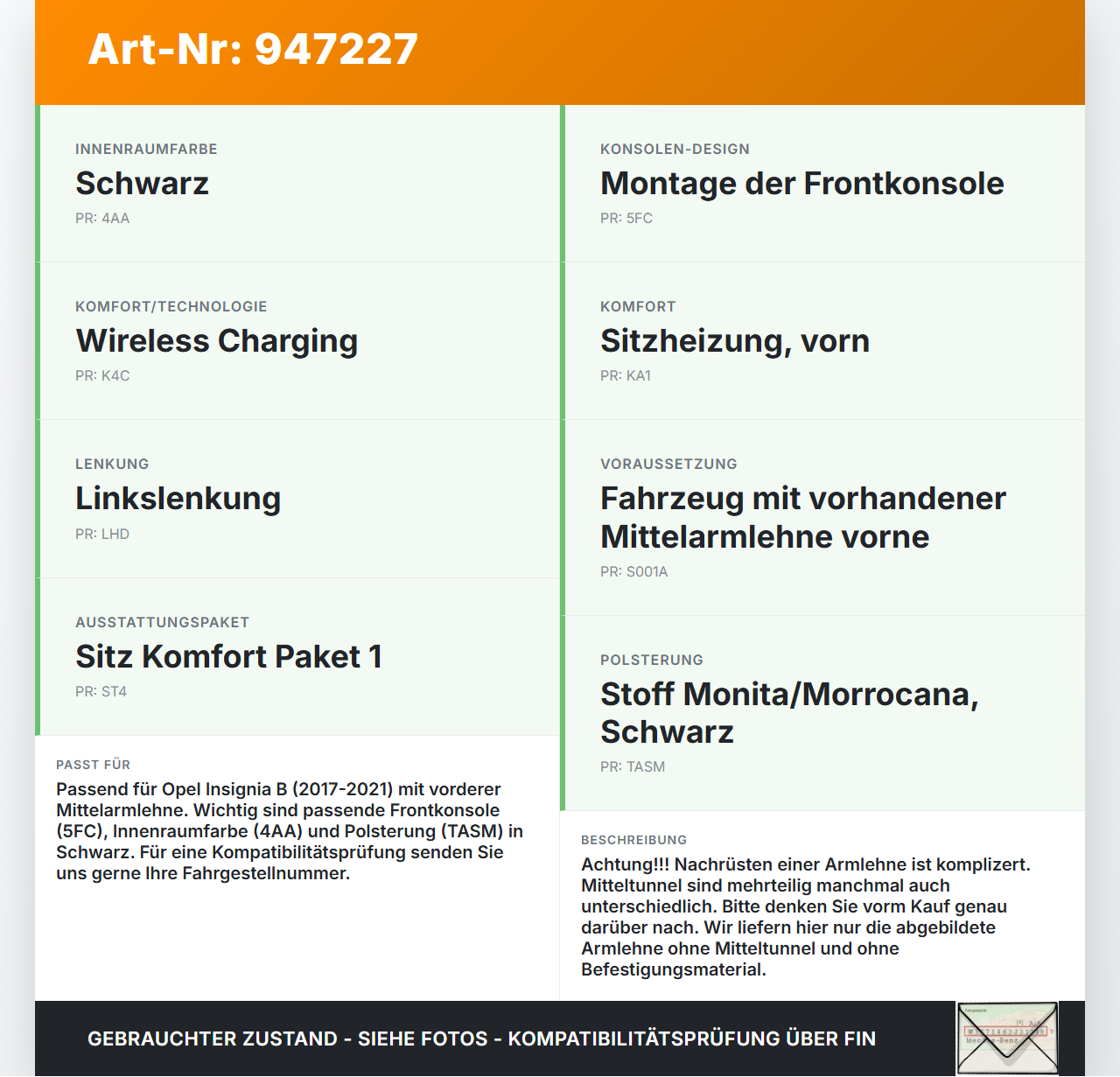 Opel Insignia B 17-21 Armlehne Mittelarmlehne Auflage Opel Insignia B 17-21 29.10.2021 39200097 gebraucht Vorschau 3