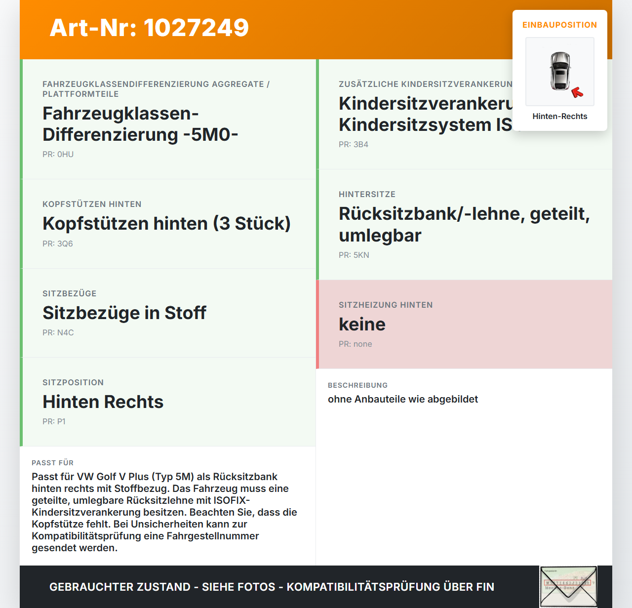VW Golf V 5 Plus 5M 04-08 Sitz Rücksitzbank Hinten Rechts Stoff VW Golf V 5 Plus 5M 04-08 14.09.2005 gebraucht Vorschau 3