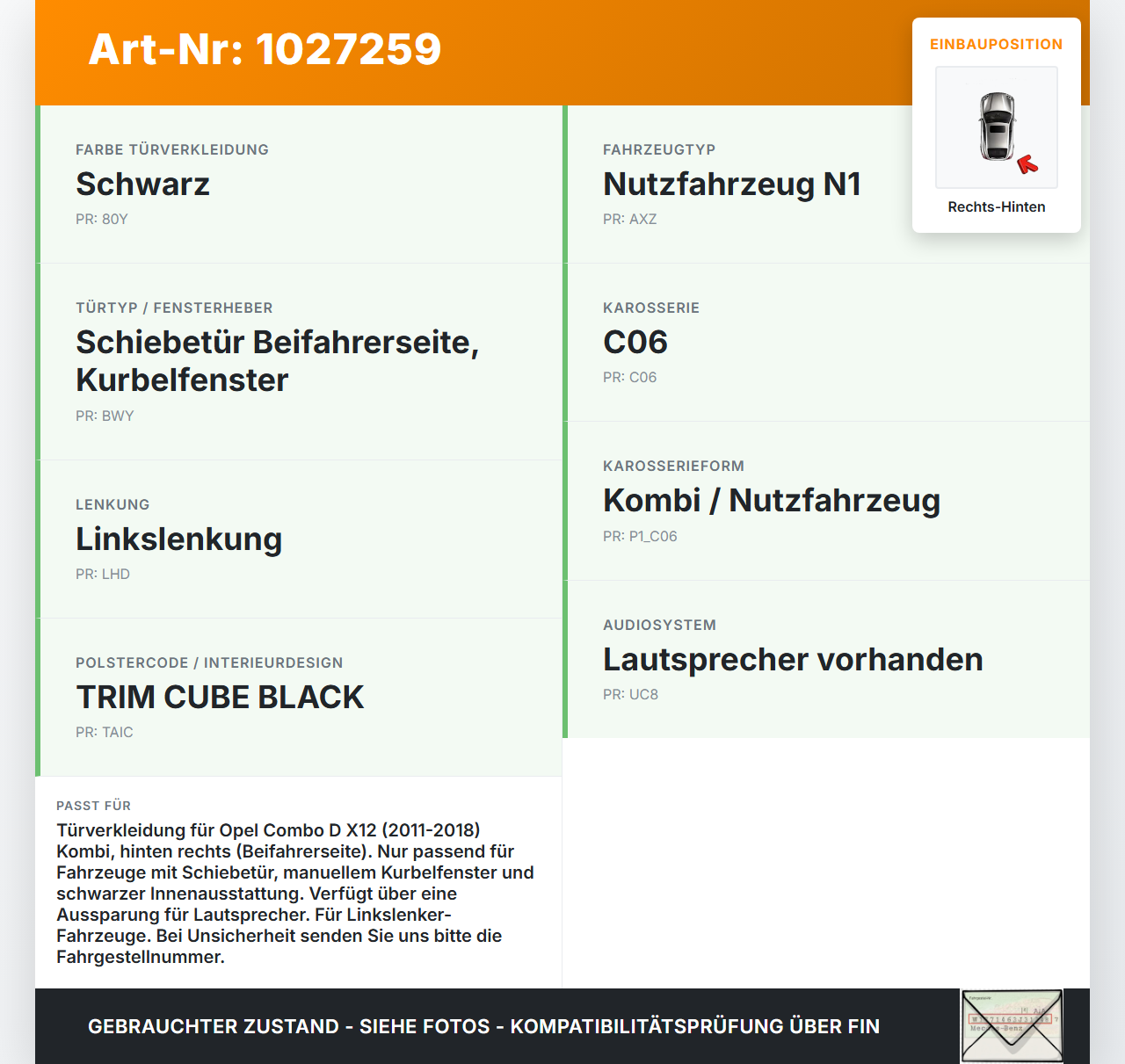 Opel Combo D X12 11-18 Kombi Türverkleidung Türpappe Rechts Hinten Opel Combo D X12 11-18 09.04.2018 gebraucht Vorschau 3