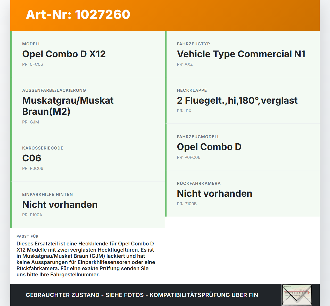 Opel Combo D X12 11-18 Kombi Heckblende Kennzeichenblende Opel Combo D X12 11-18 09.04.2018 0735501970 gebraucht Vorschau 3