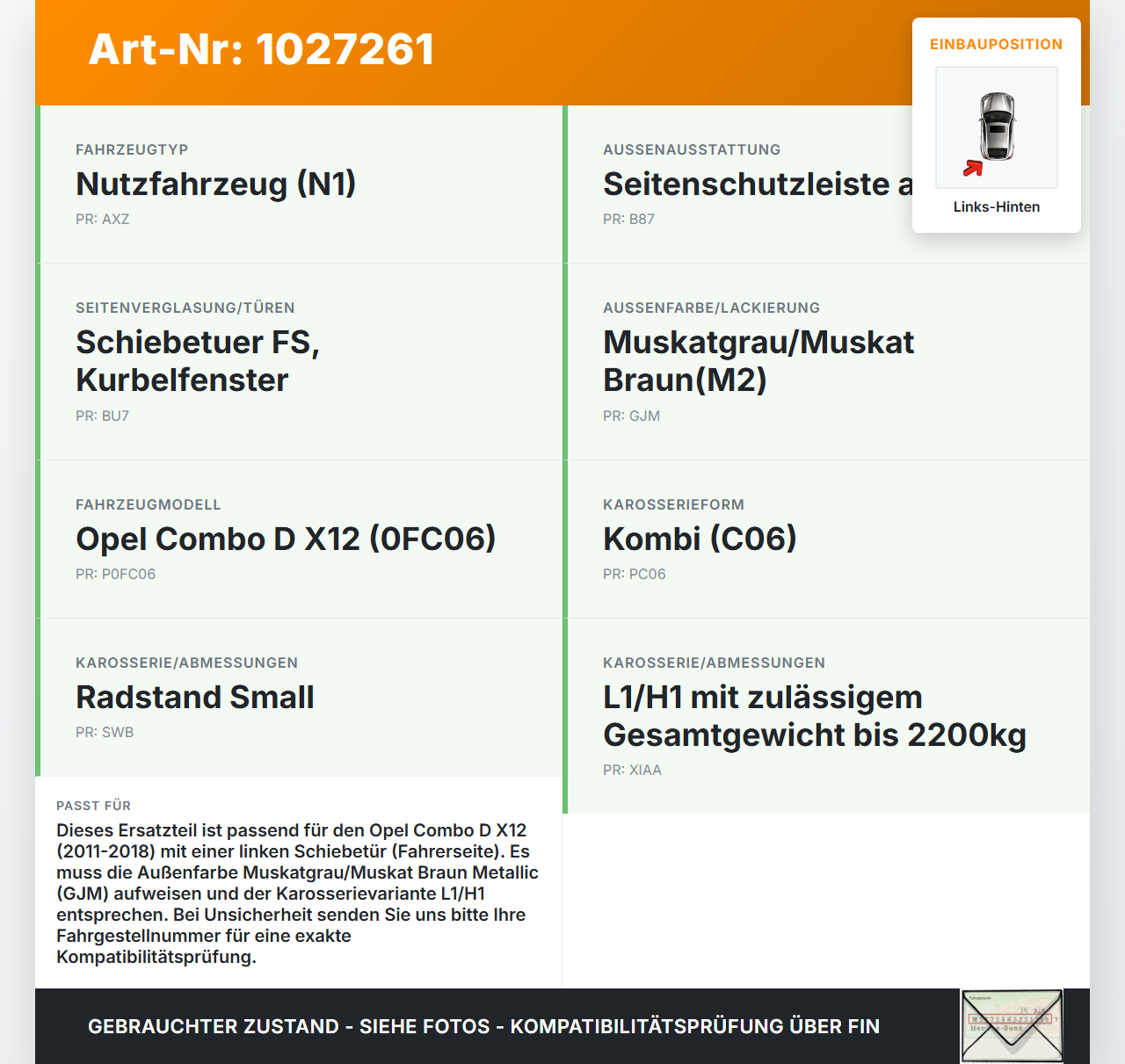 Opel Combo D X12 11-18 Kombi Blende Aussen Abdeckung für Laufschiene Links Hinten Opel Combo D X12 11-18 09.04.2018... Vorschau 3
