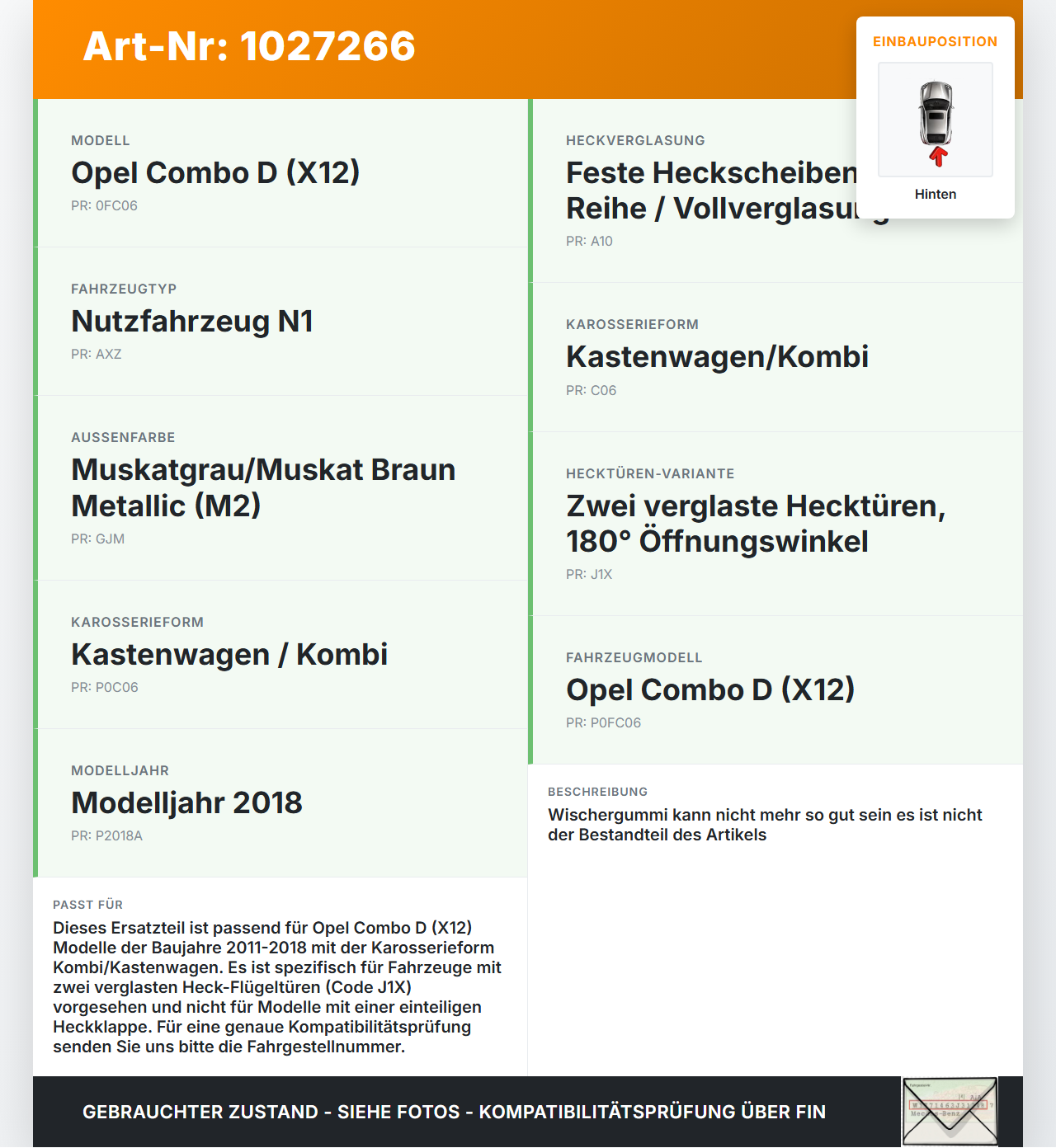 Opel Combo D X12 11-18 Kombi Heckwischer Scheibenwischer Hinten Wischarm Opel Combo D X12 11-18 09.04.2018 gebraucht Vorschau 3