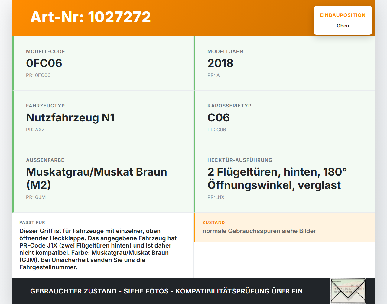 Opel Combo D X12 11-18 Kombi Griff aussen für Heckklappe Oben GJM Opel Combo D X12 11-18 09.04.2018 13242453 gebraucht Vorschau 3