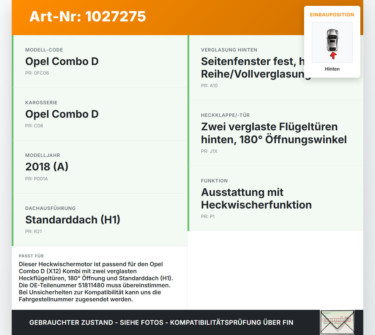 Opel Combo D X12 11-18 Kombi Wischermotor Hinten Heckwischermotor Opel Combo D X12 11-18 09.04.2018 51811480... Vorschau 3