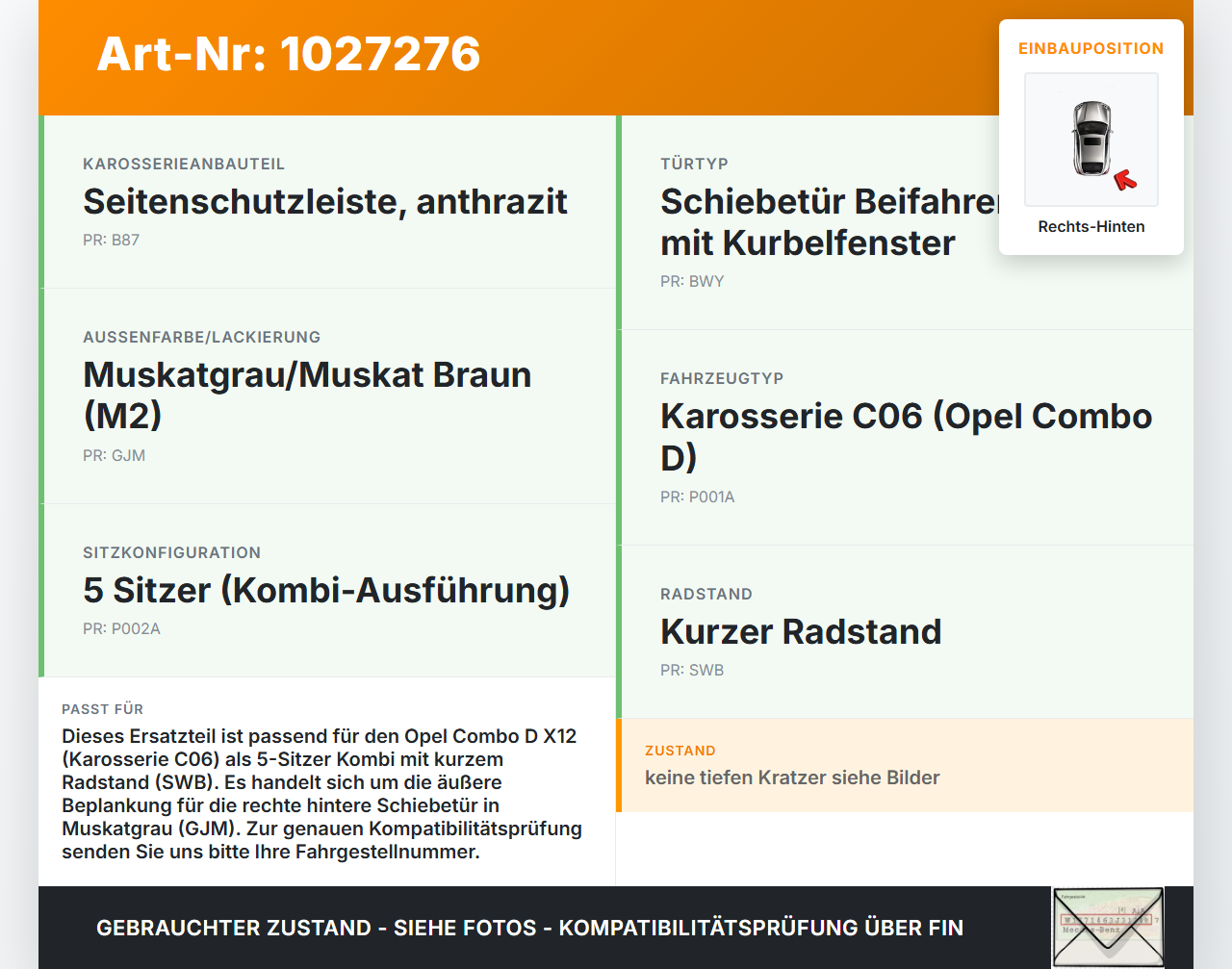 Opel Combo D X12 11-18 Kombi Türleiste Beplankung Rechts Hinten Aussen GJM Opel Combo D X12 11-18 09.04.2018 gebraucht Vorschau 3