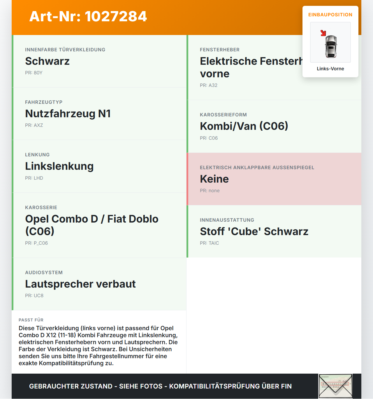 Opel Combo D X12 11-18 Kombi Türverkleidung Türpappe Links Vorne Opel Combo D X12 11-18 09.04.2018 gebraucht Vorschau 3