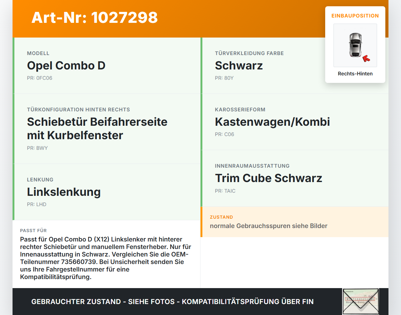 Opel Combo D X12 11-18 Kombi Griff Griffmuschel Türgriff Innen Rechts Hinten Opel Combo D X12 11-18 09.04.2018... Vorschau 3