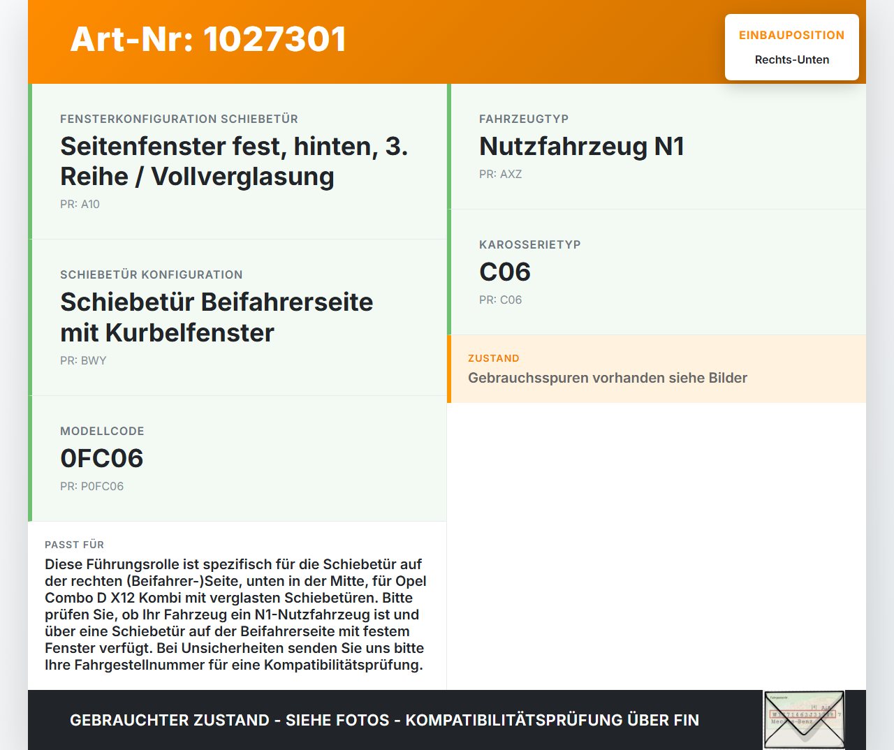 Opel Combo D X12 11-18 Kombi Führungsrolle für Schiebetür Rechts Mitte Unten Opel Combo D X12 11-18 09.04.2018... Vorschau 3