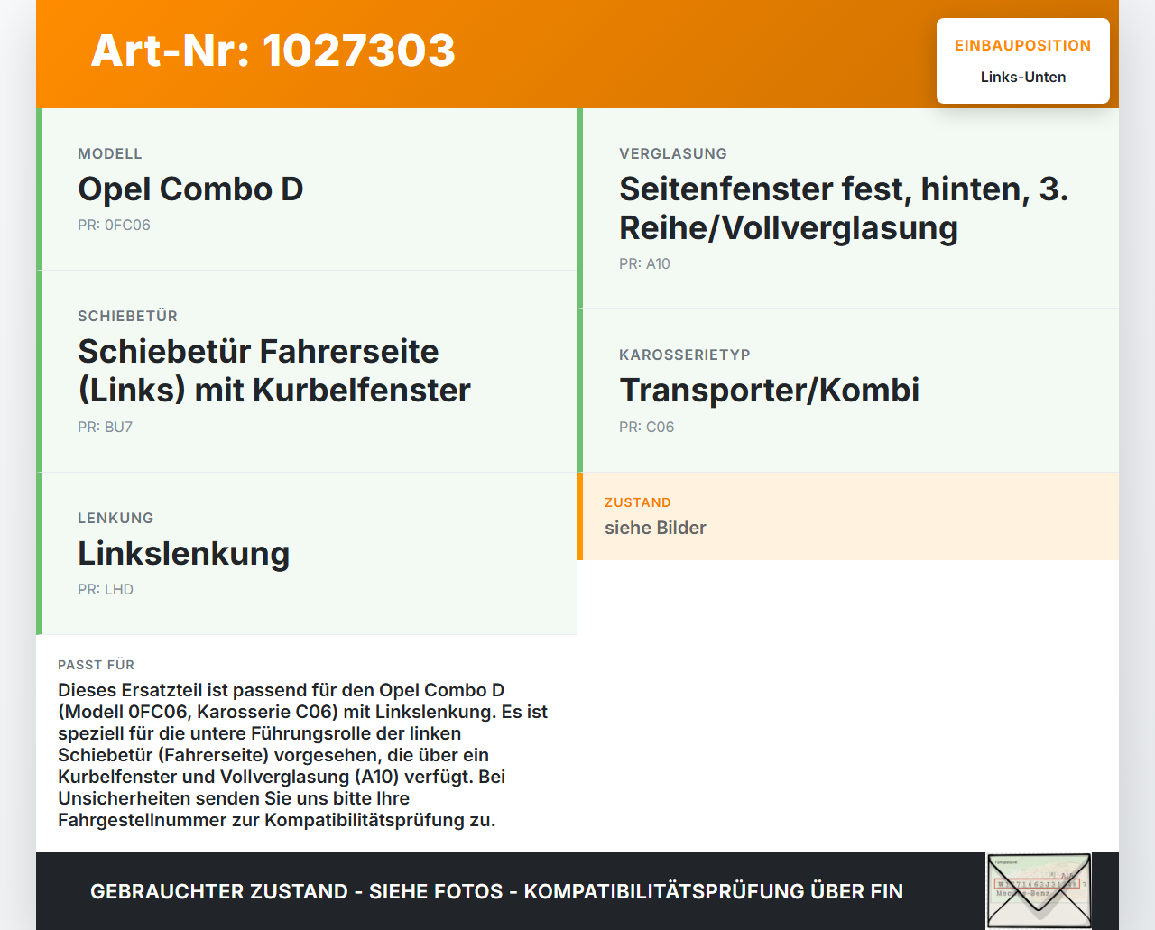 Opel Combo D X12 11-18 Kombi Führungsrolle für Schiebetür Links Unten Opel Combo D X12 11-18 09.04.2018 52062454... Vorschau 3
