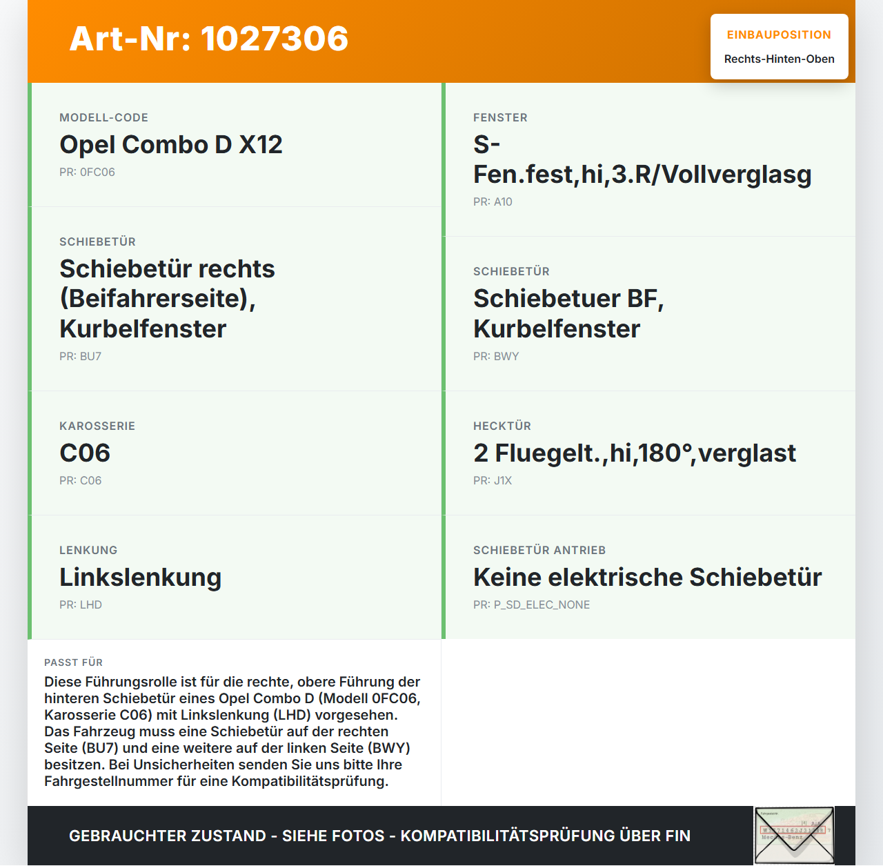 Opel Combo D X12 11-18 Kombi Führungsrolle für Schiebetür Rechts Hinten Oben Opel Combo D X12 11-18 09.04.2018 gebraucht Vorschau 3