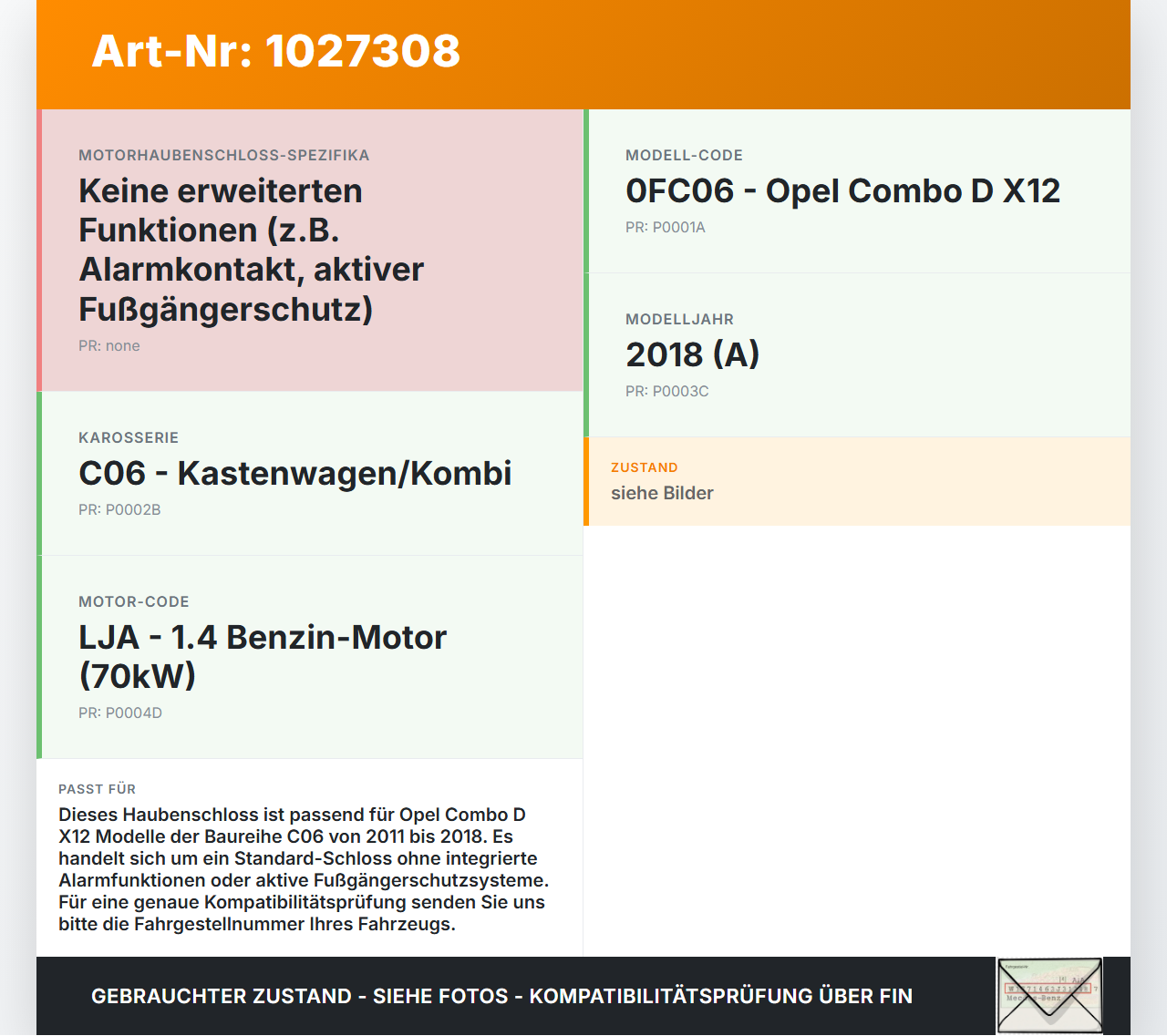 Opel Combo D X12 11-18 Haubenschloss Motorhaubenschloss Schloss Opel Combo D X12 11-18 09.04.2018 gebraucht Vorschau 3
