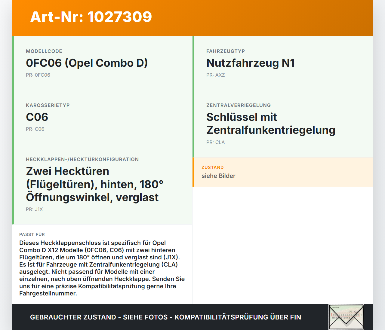 Opel Combo D X12 11-18 Kombi Schloss f. Heckklappe Heckklappenschloss Verriegelung Opel Combo D X12 11-18... Vorschau 3
